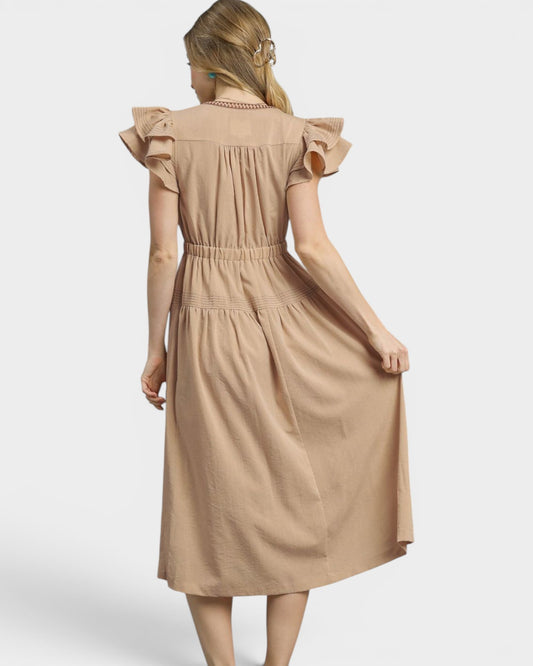 Taupe Ruffle Sleeve Midi Dress