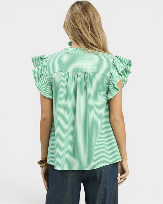Green Stripe Ruffle Sleeve Blouse