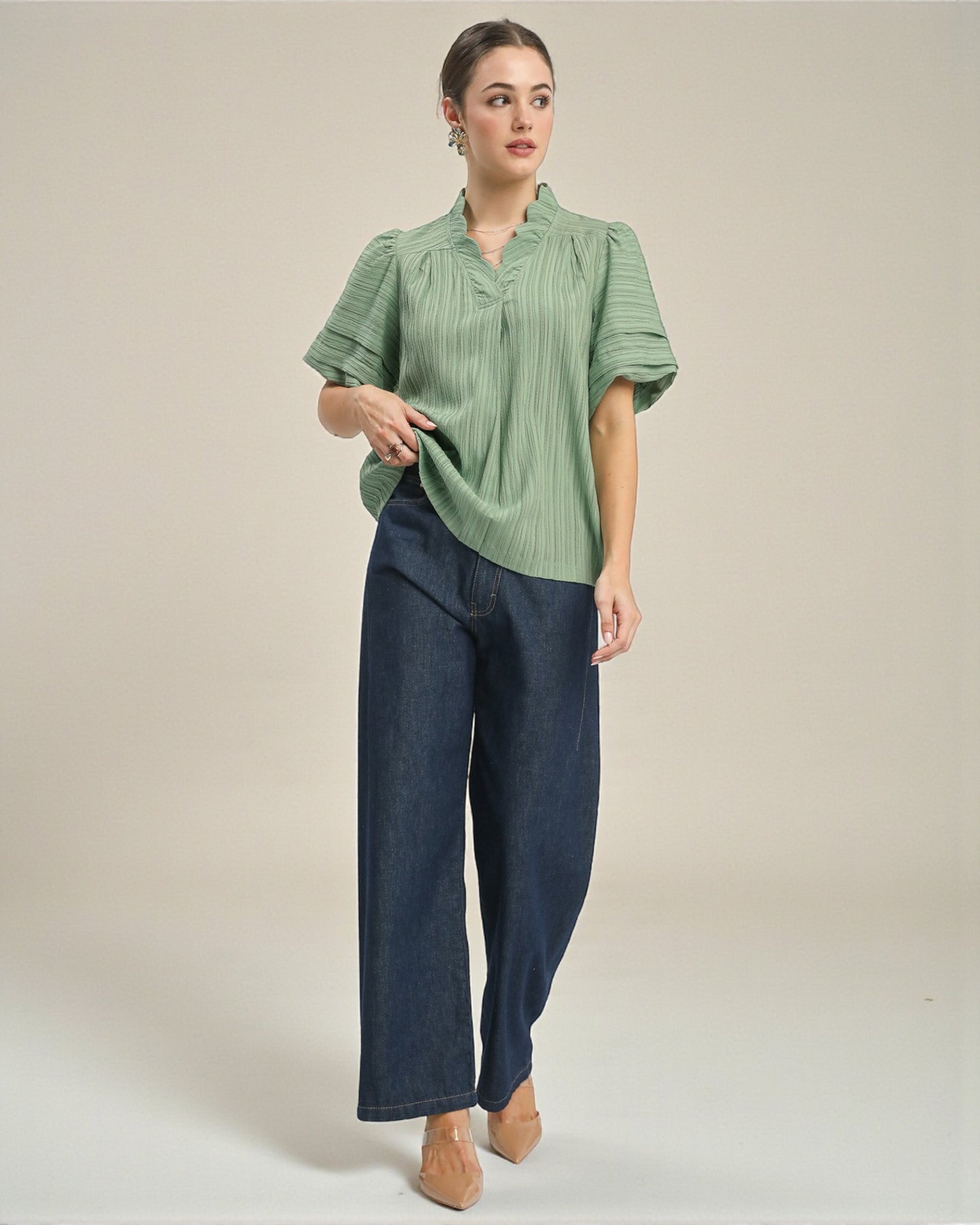 Sage Crinkle Ruffle-Neck Blouse