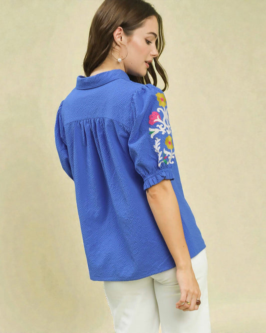 Cobalt Blue Embroidered Sleeve Split-Neck Top