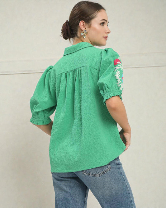 Emerald Green Embroidered Sleeve Split-Neck Top