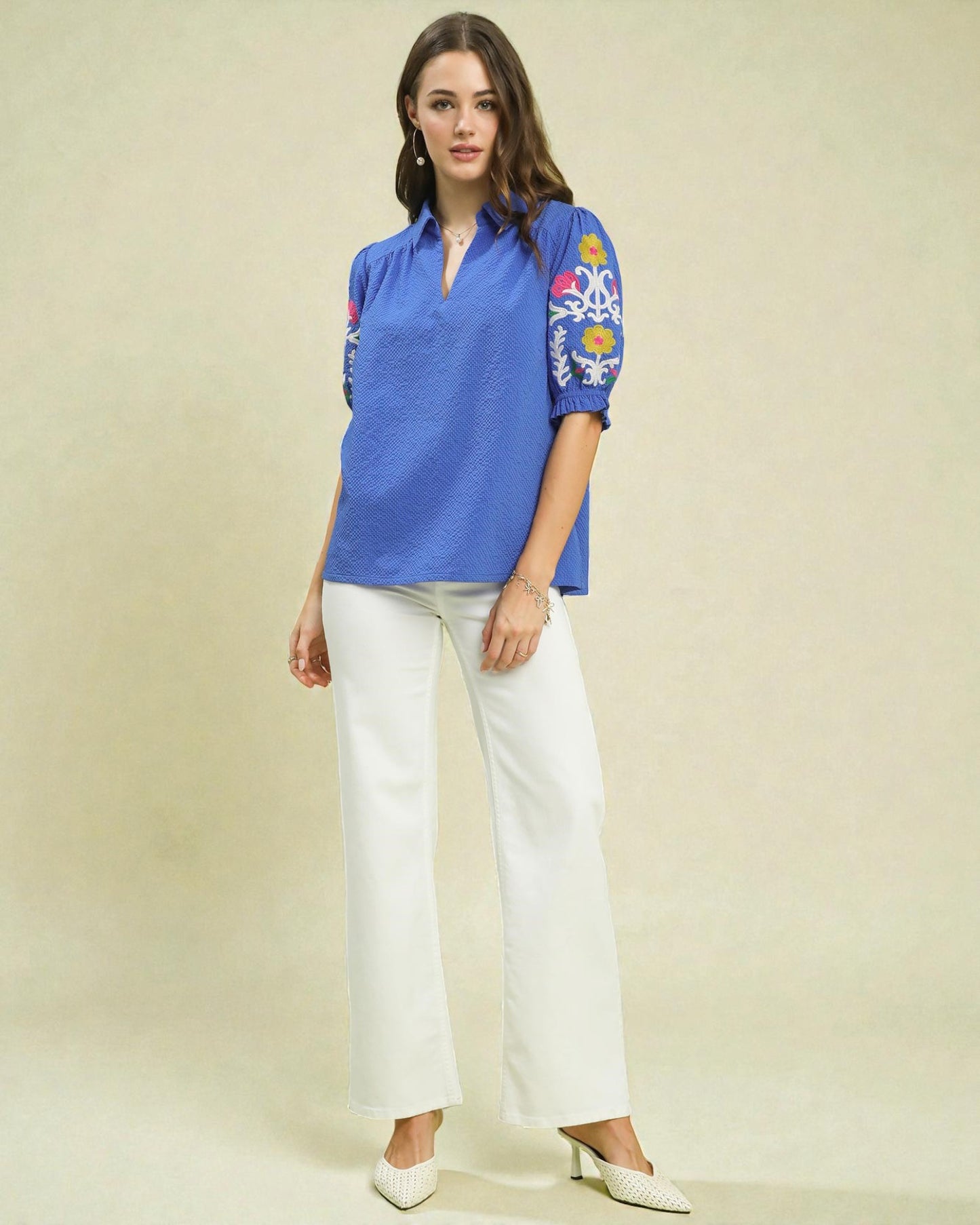 Cobalt Blue Embroidered Sleeve Split-Neck Top