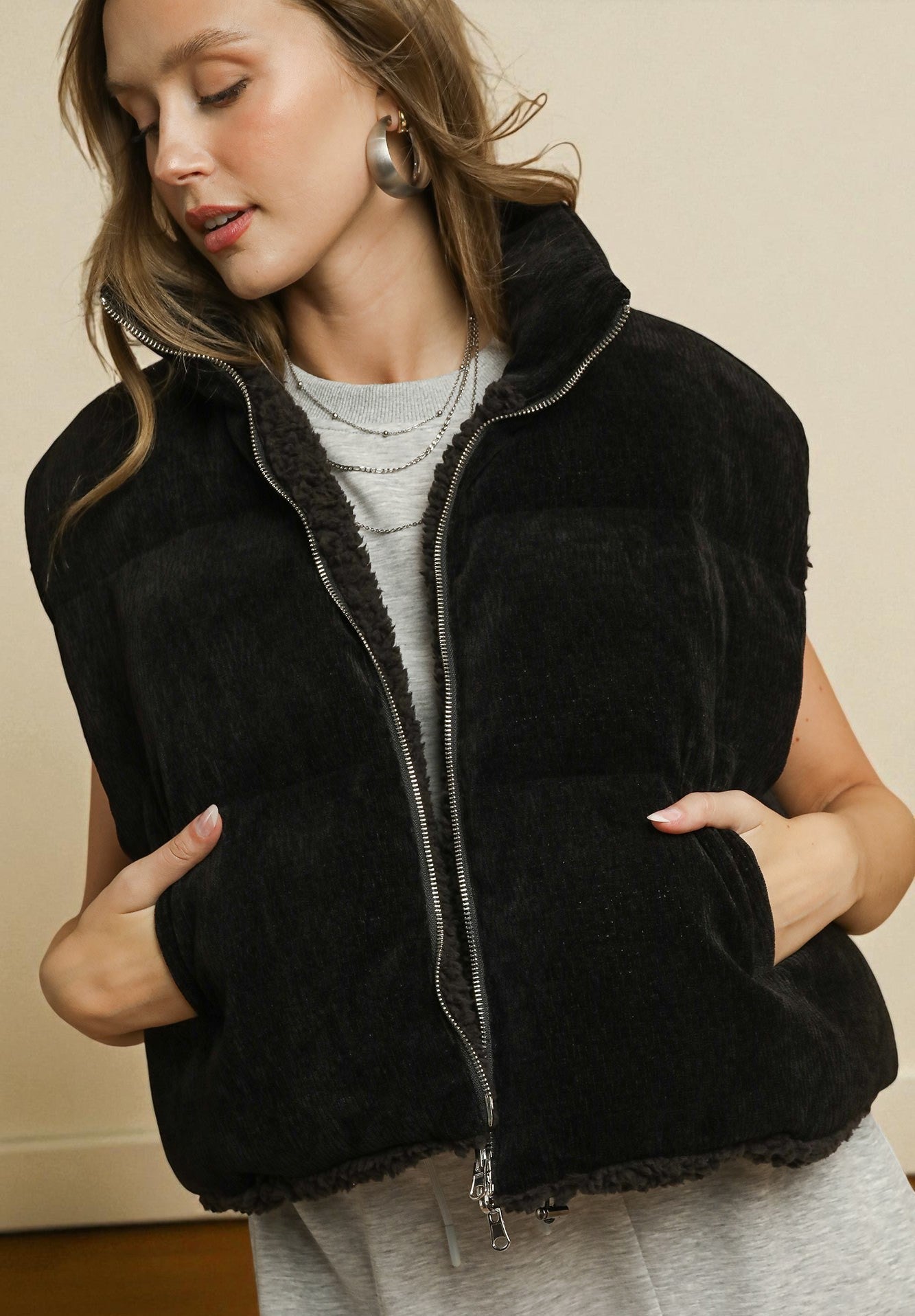 Black Sherpa Zip Front Vest