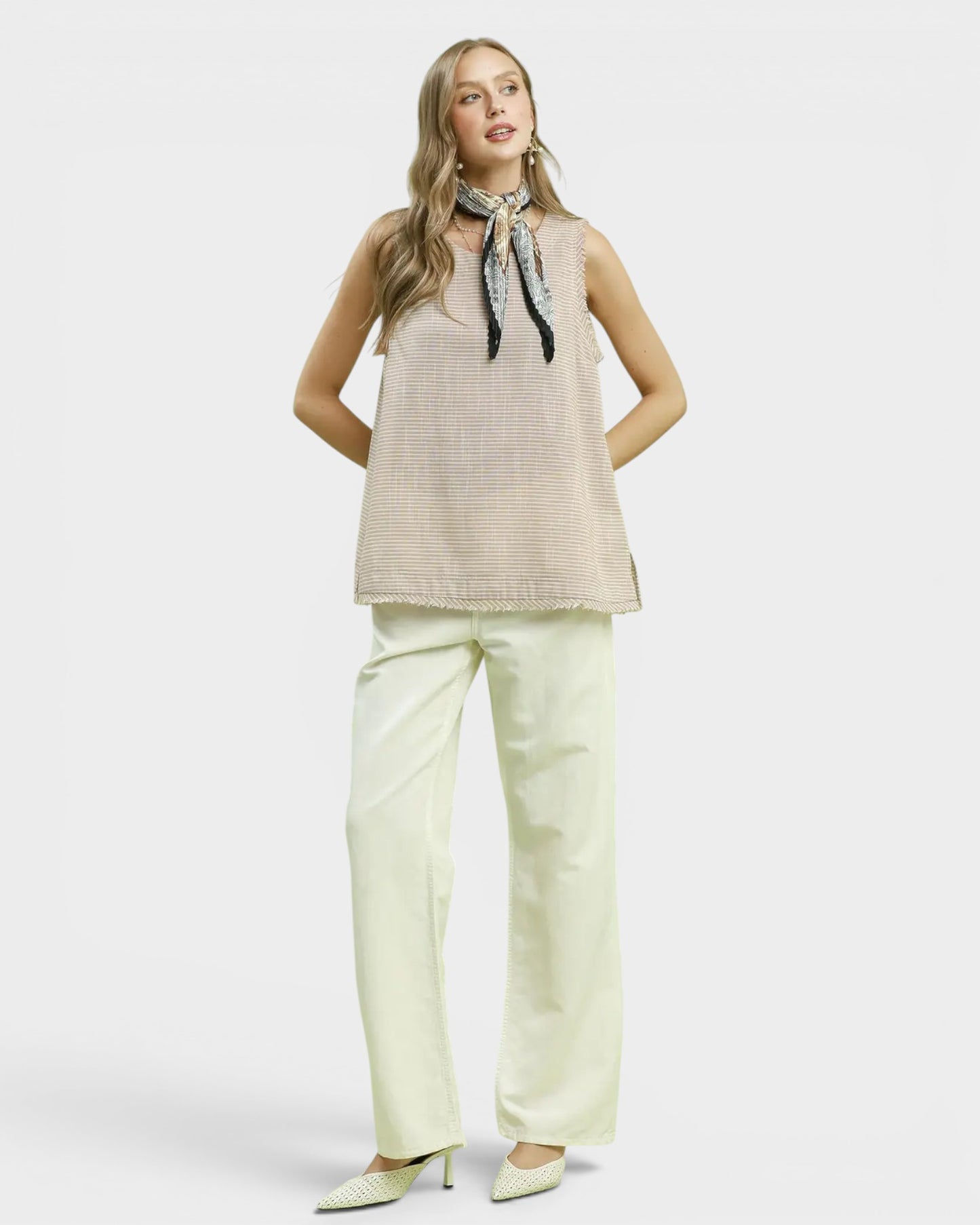 Taupe Stripe Linen Blend Sleeveless Top