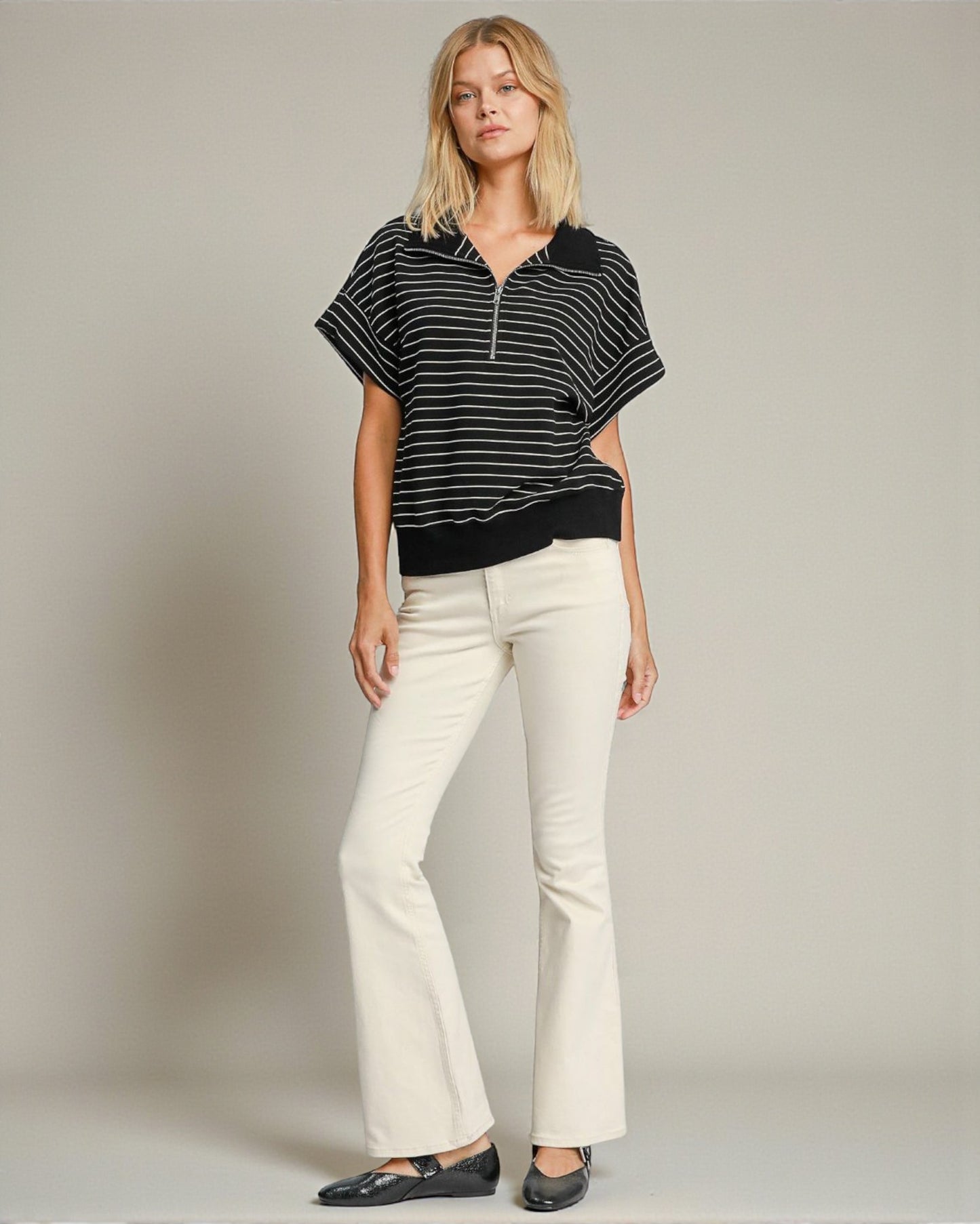 Black & Ivory Striped Half-Zip Short Sleeve Pullover