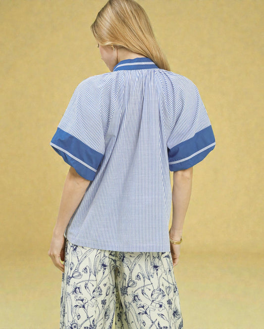 Blue & White Stripe Mandarin Neck Blouse