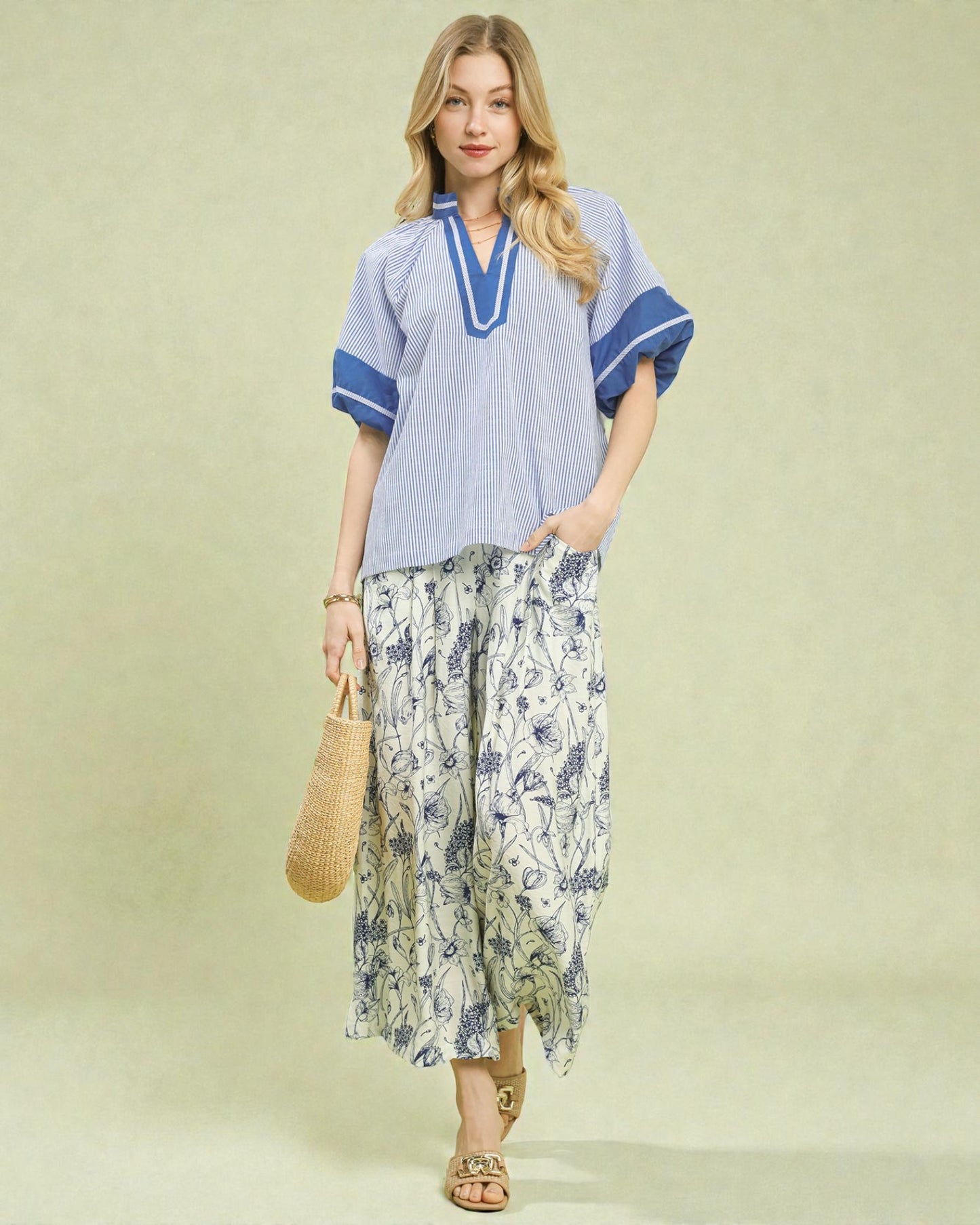 Blue & White Stripe Mandarin Neck Blouse