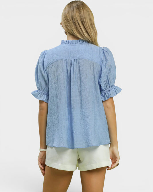 Dusty Blue Puff Sleeve Button Blouse