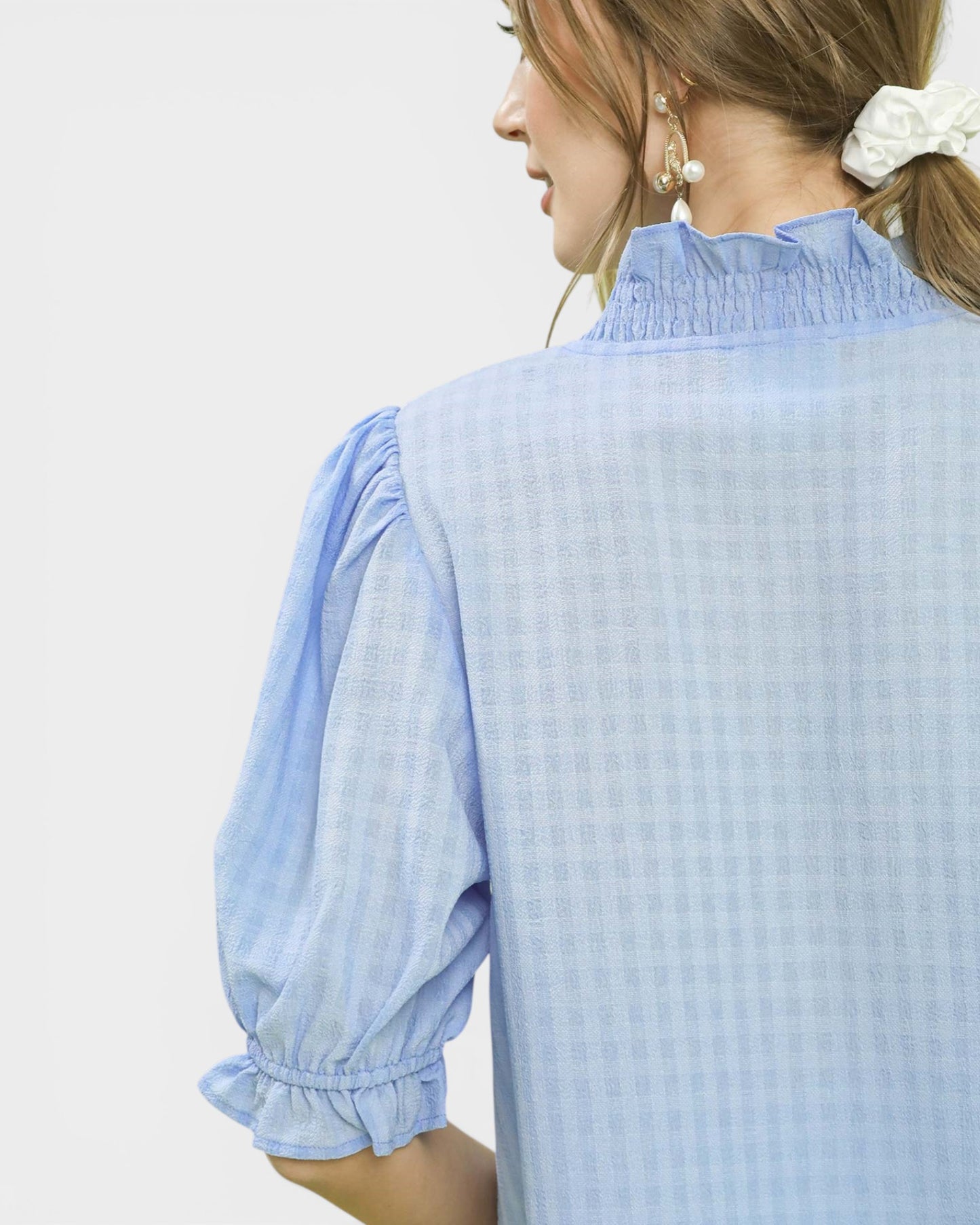 Light Blue Gingham Ruffle Neck Blouse