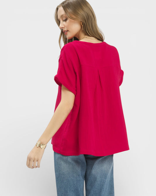 Raspberry Cotton Gauze Split Neck Blouse