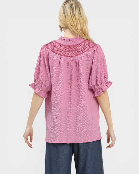 Dusty Pink Embroidered Yoke Textured Blouse