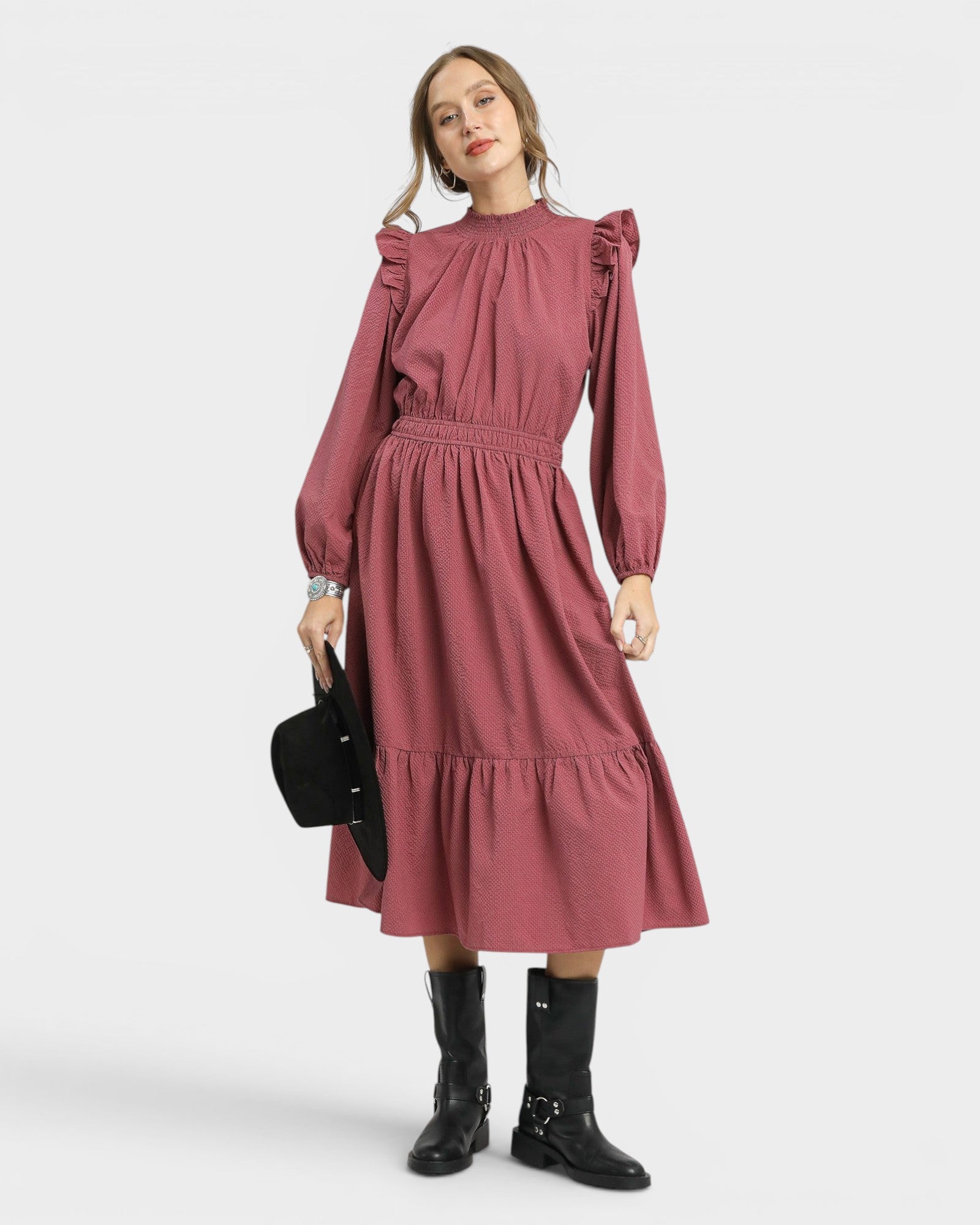 UMGEE Dusty Rose Textured Midi Dress