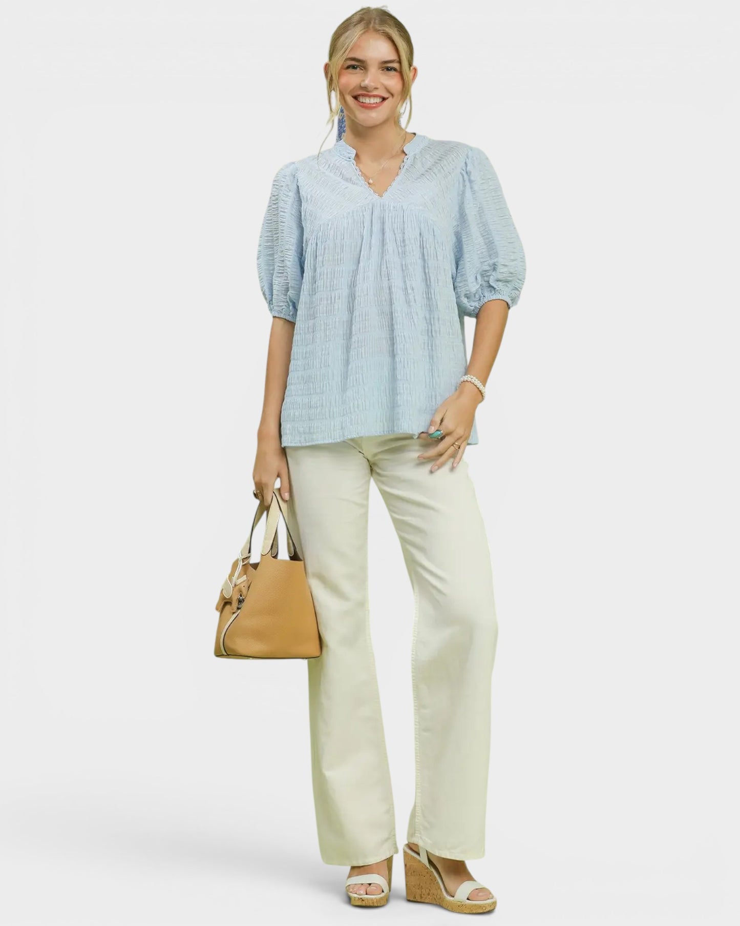 Light Blue Textured Puff Sleeve Blouse