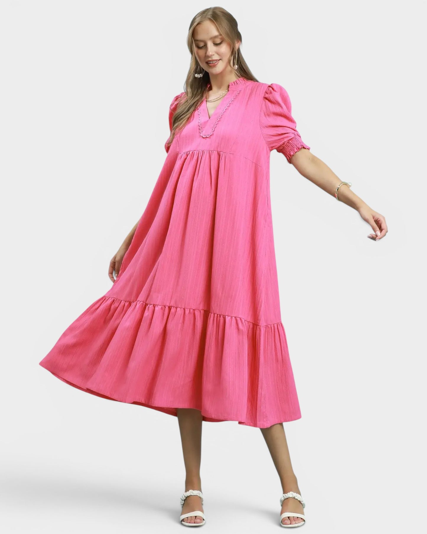 Hot Pink Tiered Midi Dress