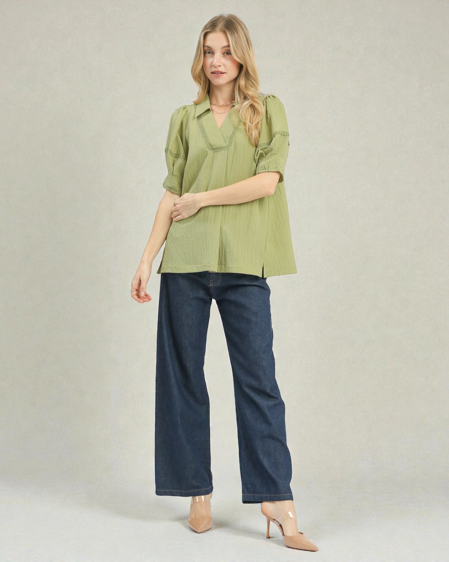Olive Embroidered V-Neck Blouse