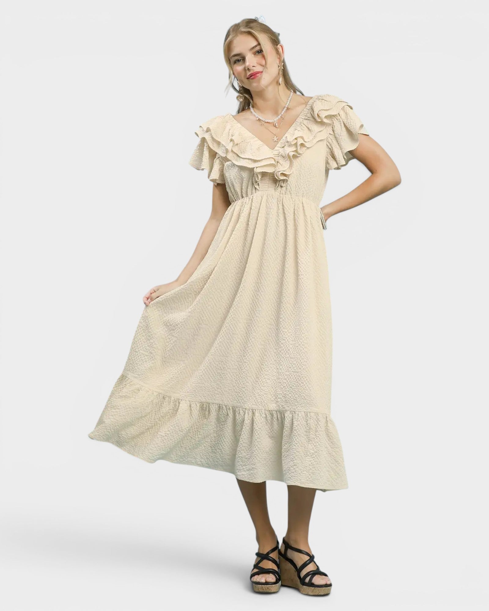 UMGEE Ivory Ruffle Midi Dress – Beach Rose Co