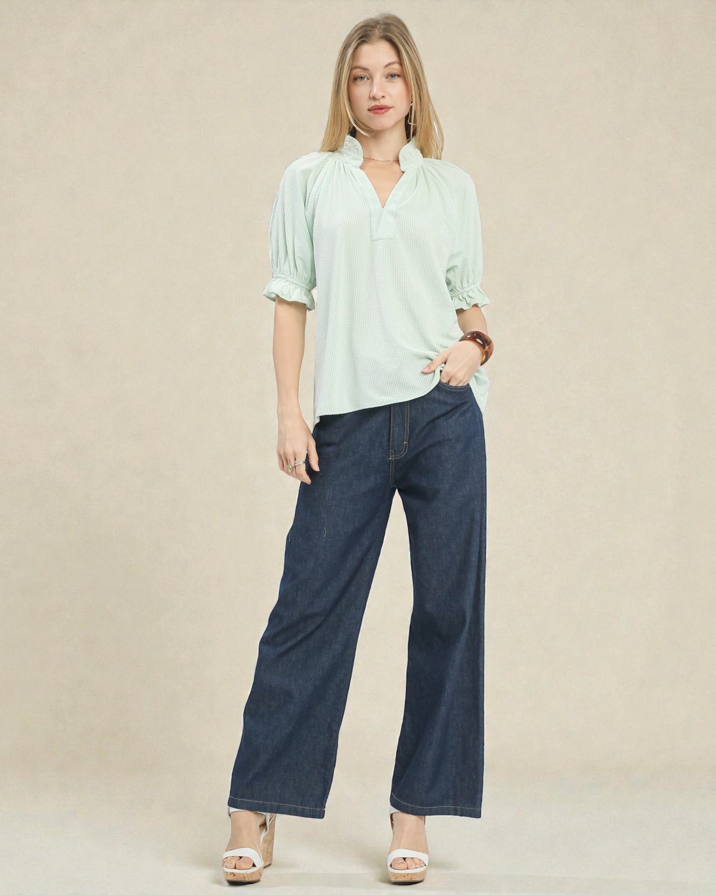 Soft Mint Textured Split-Neck Ruffle Sleeve Top