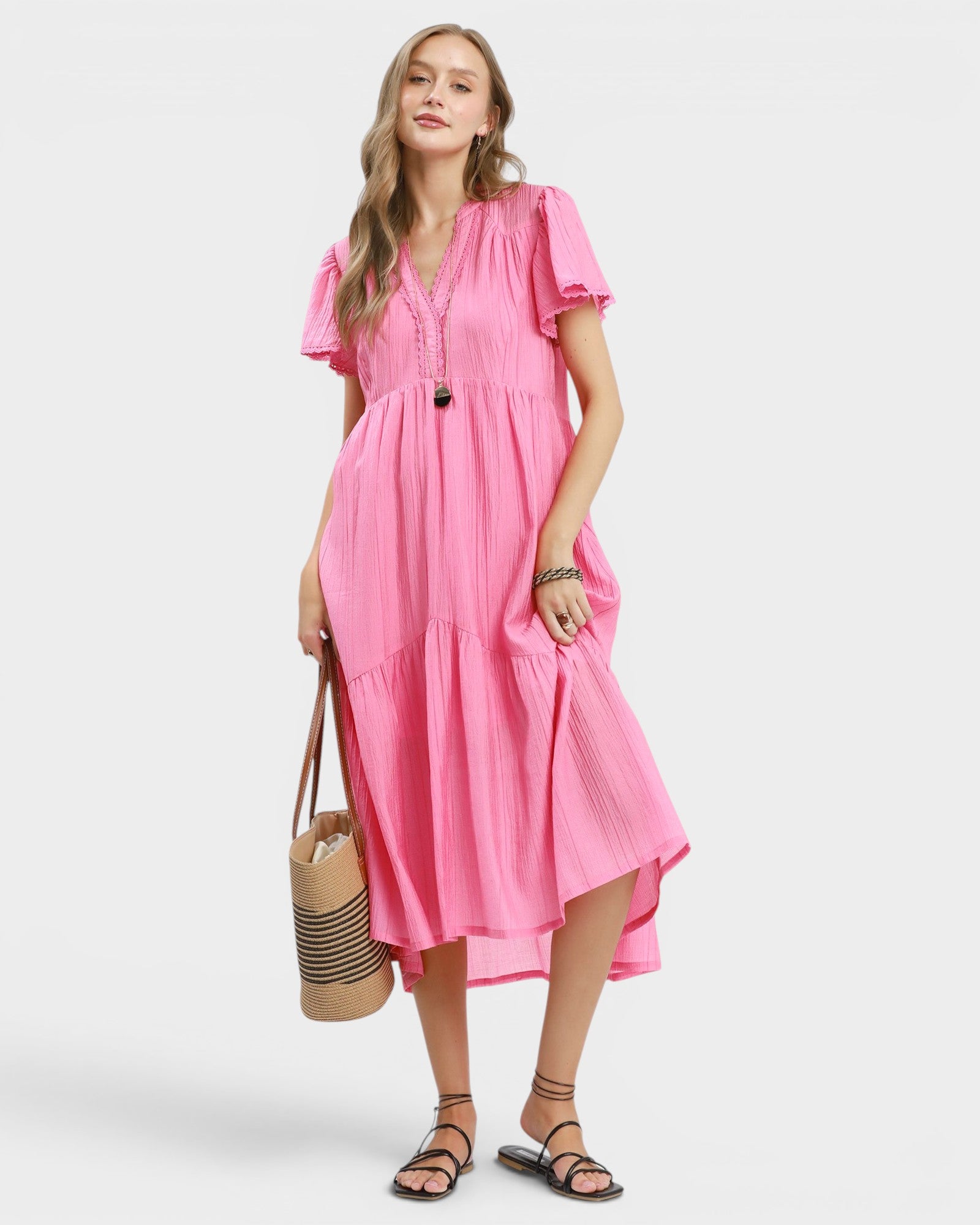 pink flutter sleeve dress UMGEE Peony Tencel Blend Flutter Sleeve Midi Dress – Beach Rose Co