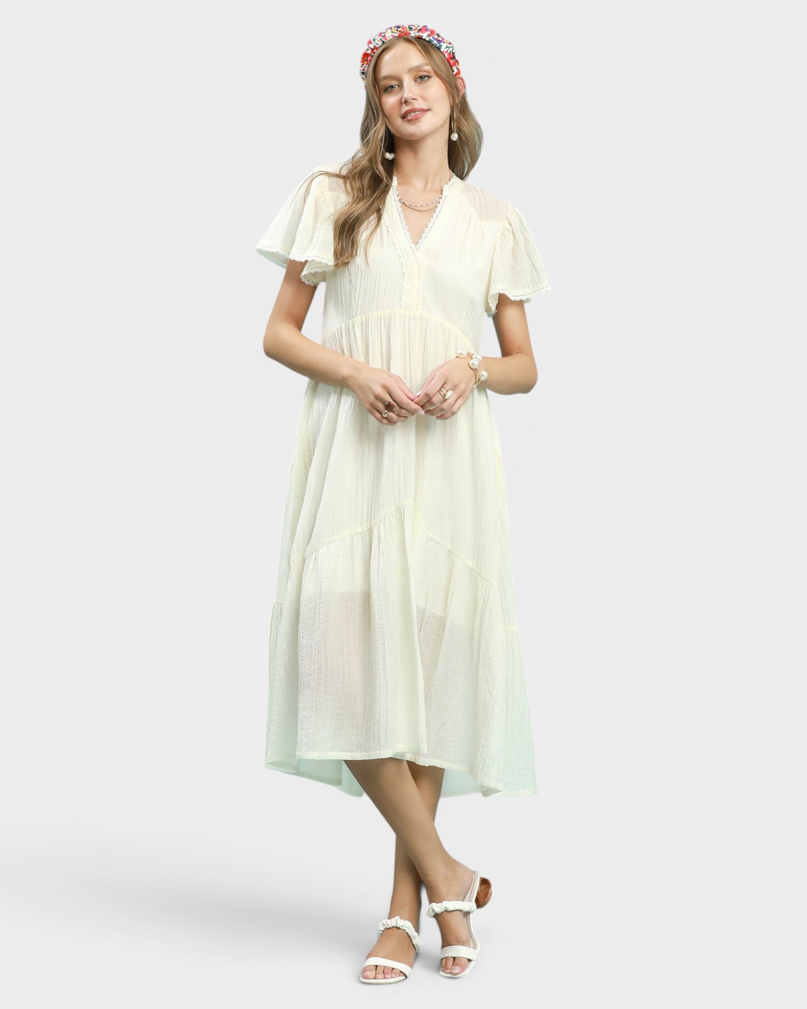 cream dress women UMGEE Cream Tencel Blend Flutter Sleeve Midi Dress – Beach Rose Co