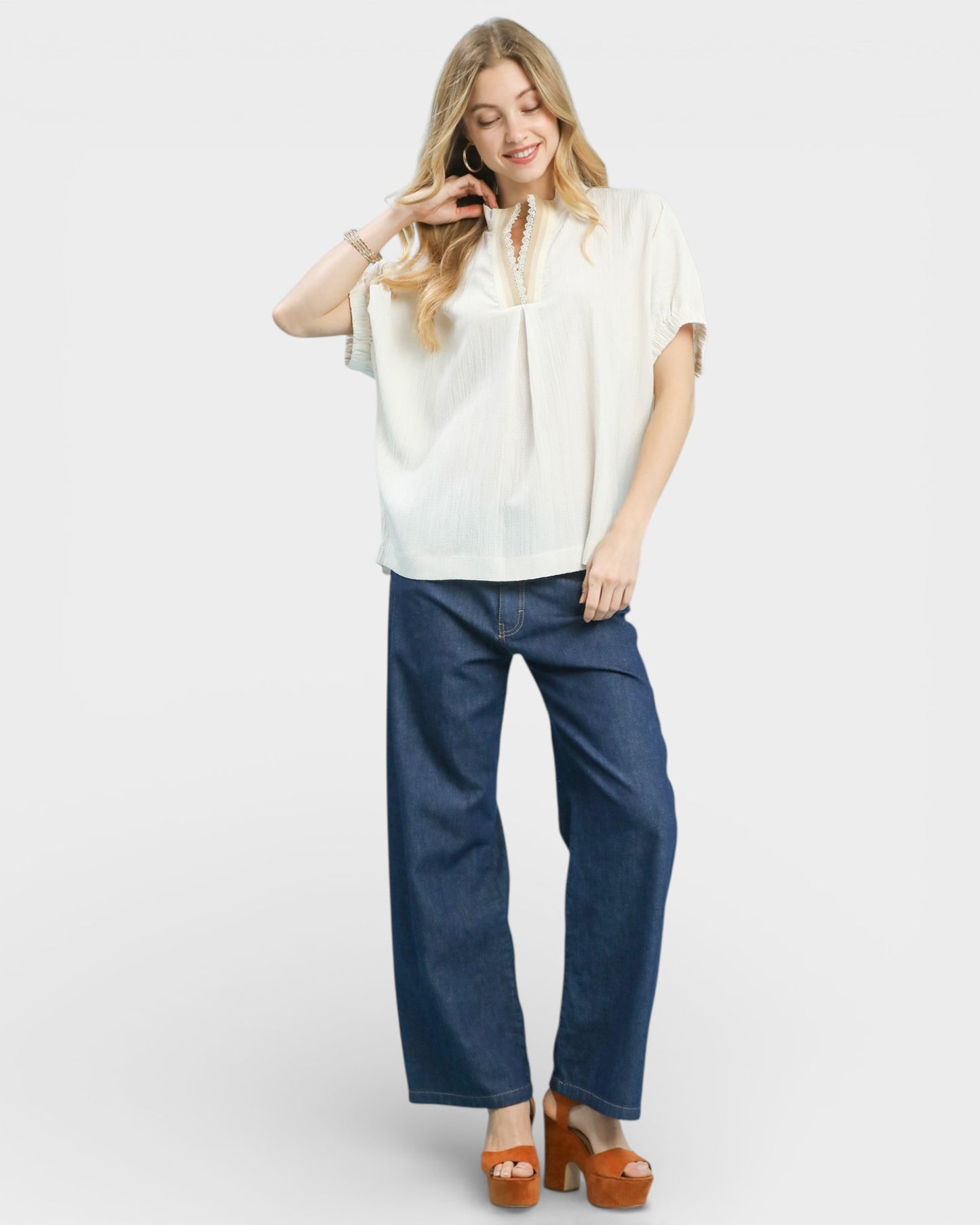 Ivory Lace-Trim Split Neck Blouse