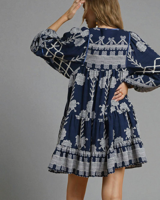 Navy Floral Border Print Mini Dress