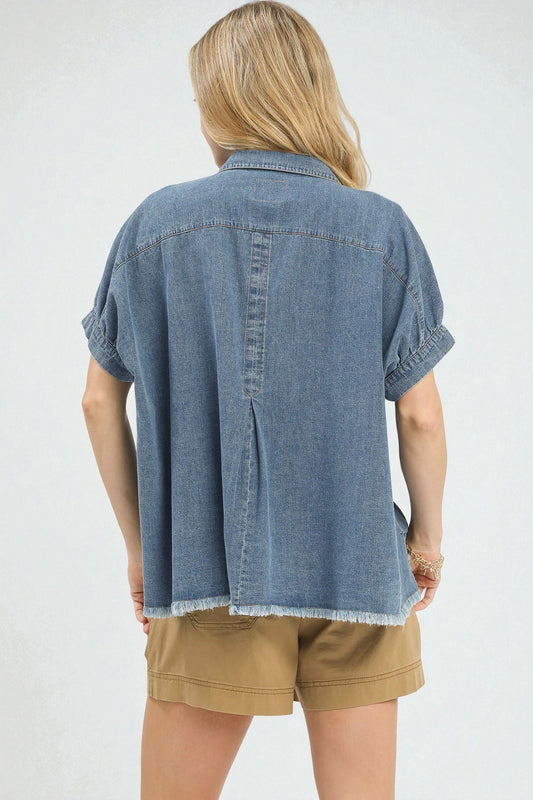 Light Denim Frayed Edge Button Down Top