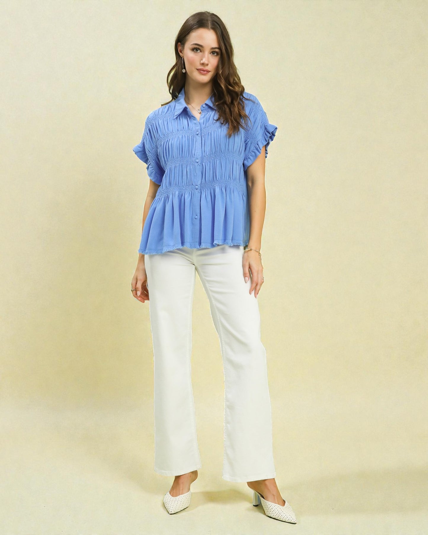 Sky Blue Smocked Button-Front Top