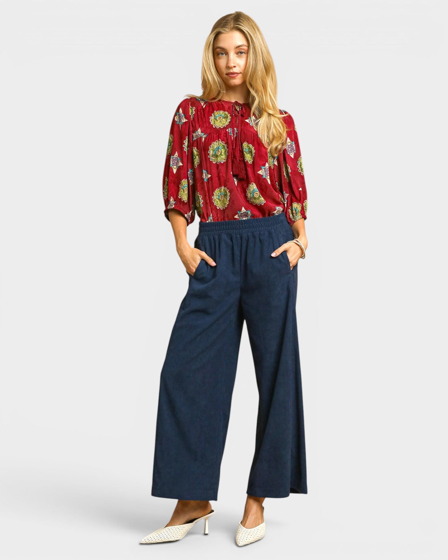 Navy Corduroy Wide Leg Pants