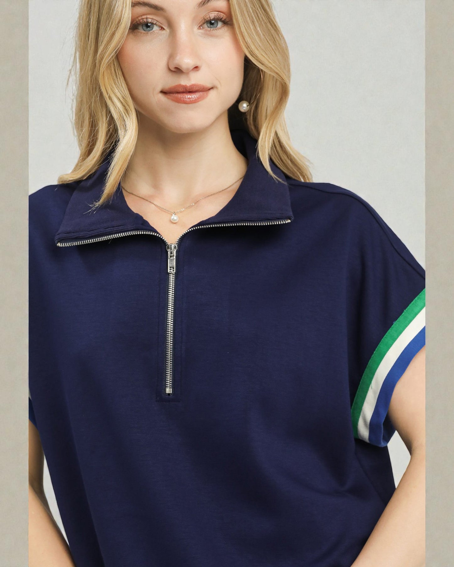 Navy Half-Zip Short Sleeve Pullover Top
