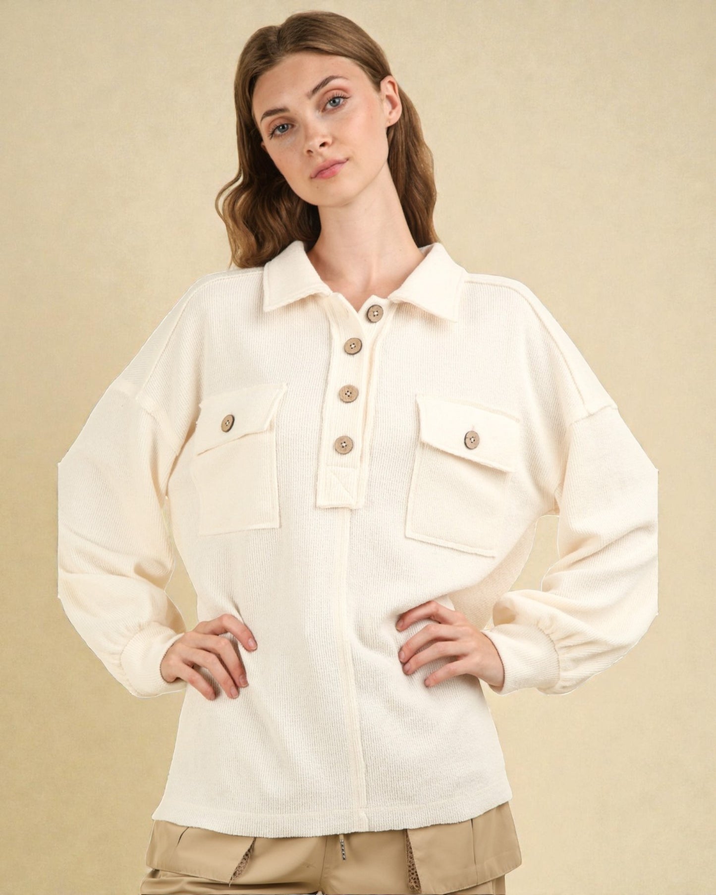 Ivory Collared Button Pullover