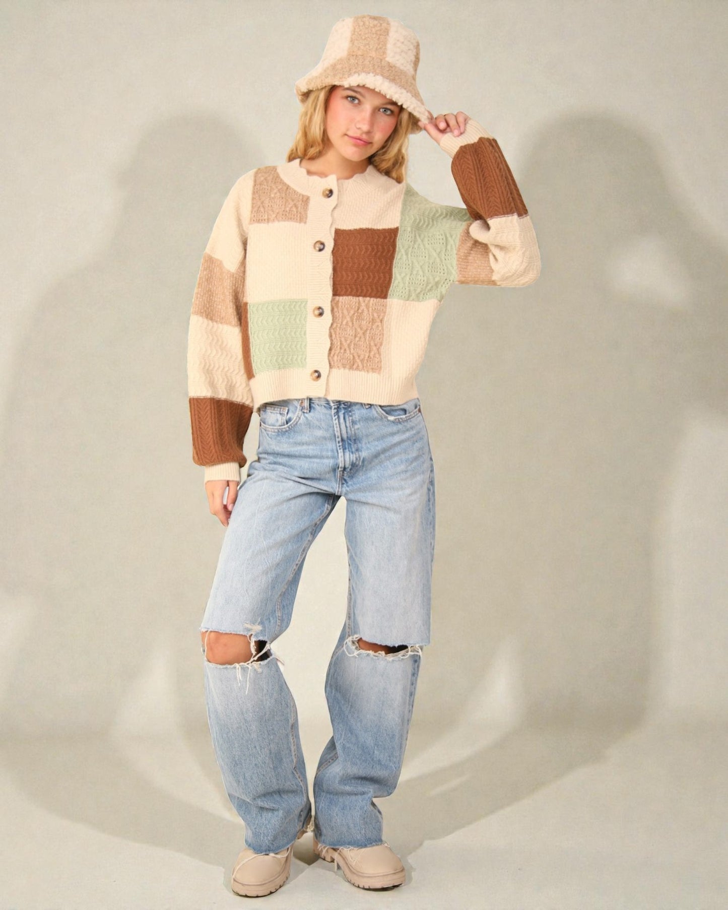 Ivory Patchwork Knit Cardigan