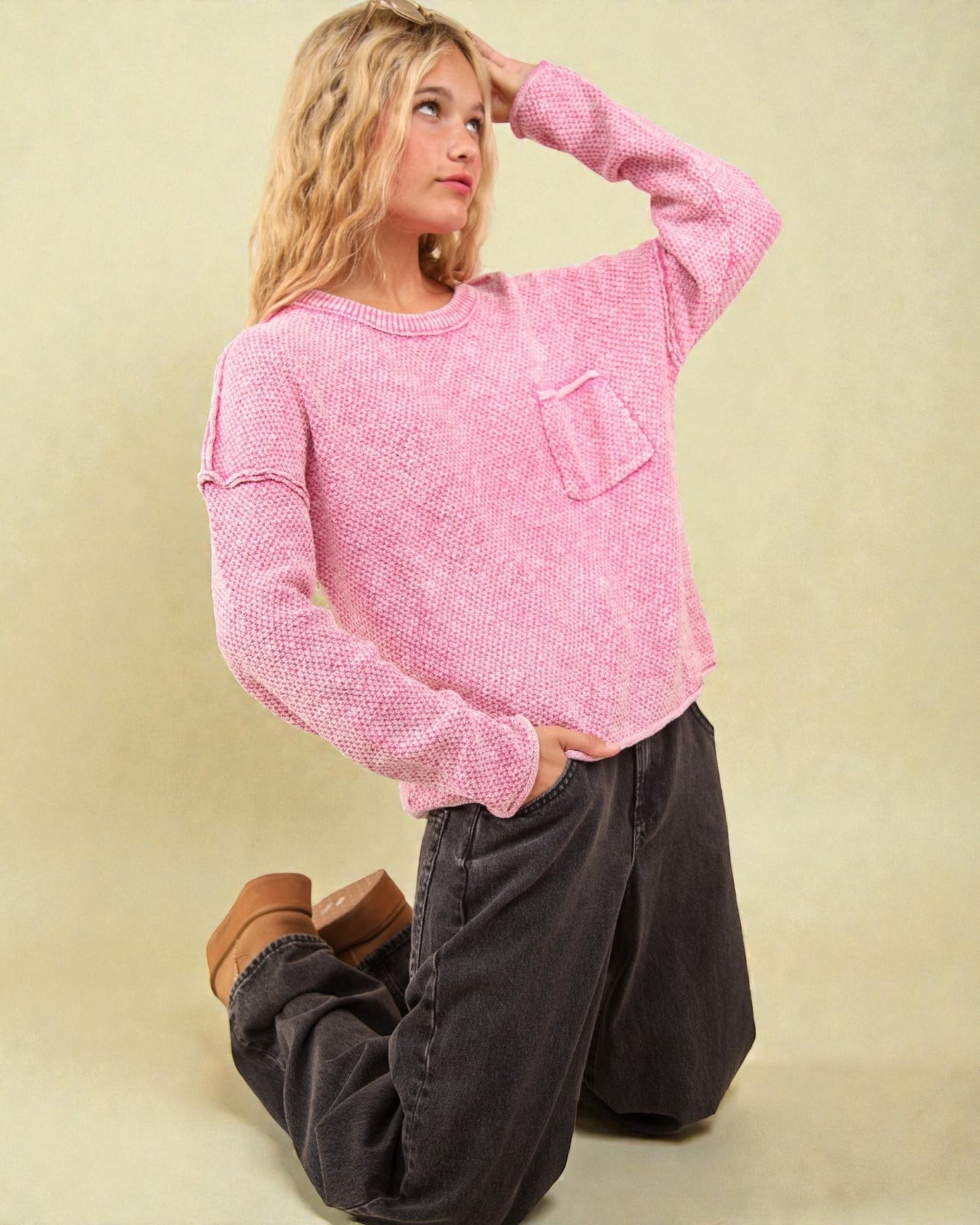 Pink Textured Pocket Pullover
