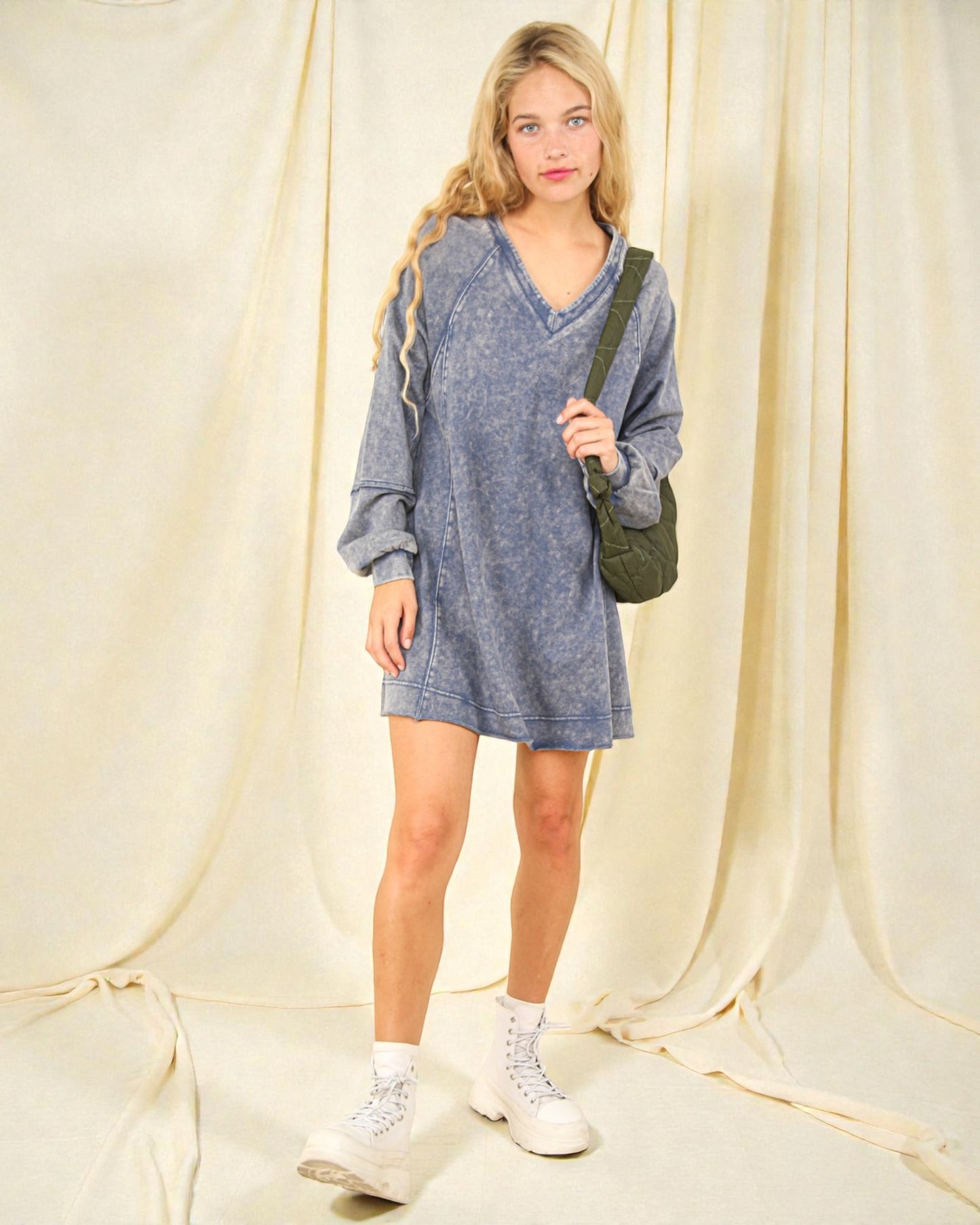 Washed Blue Sweatshirt Mini Dress