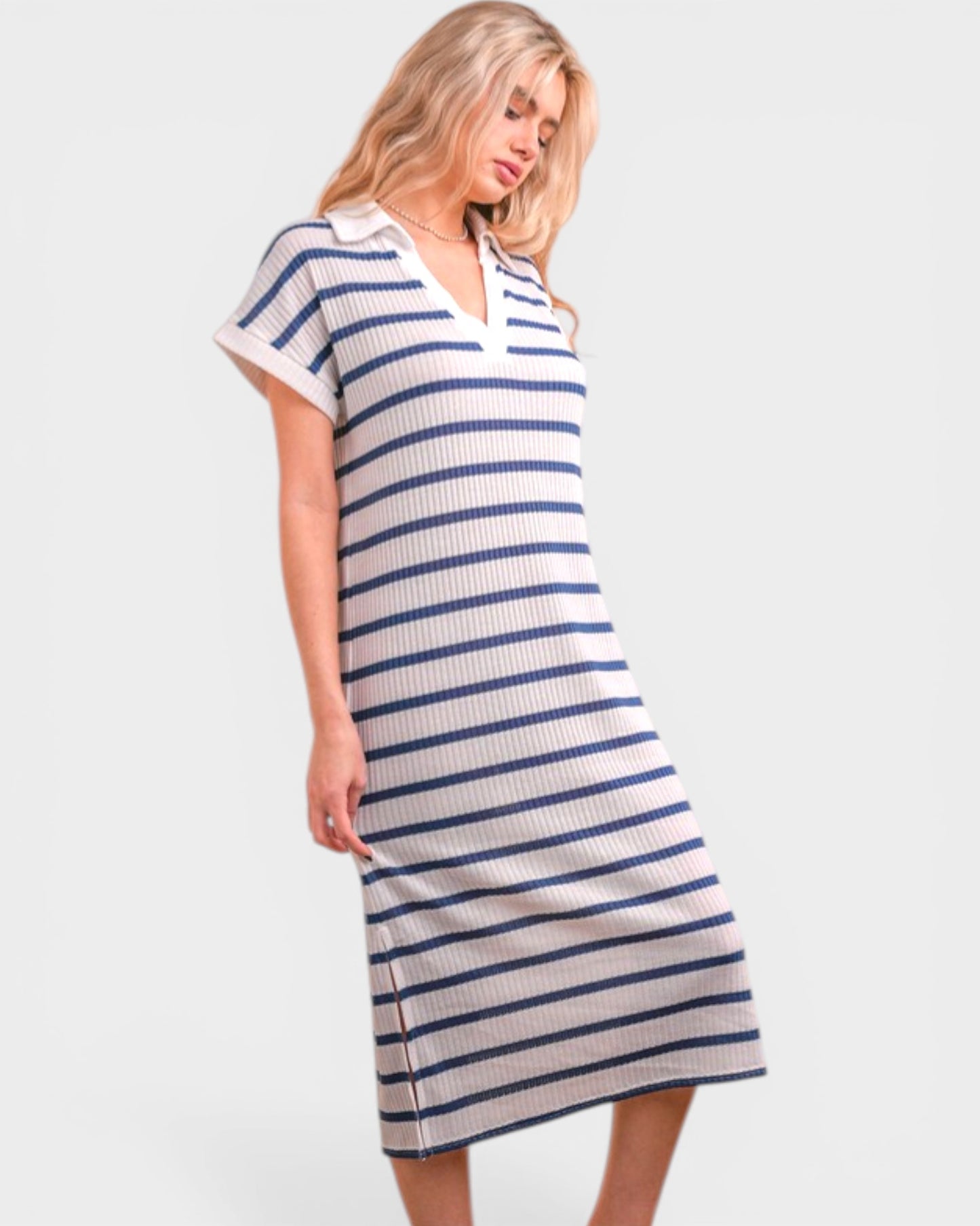 Blue & White Striped Midi Dress
