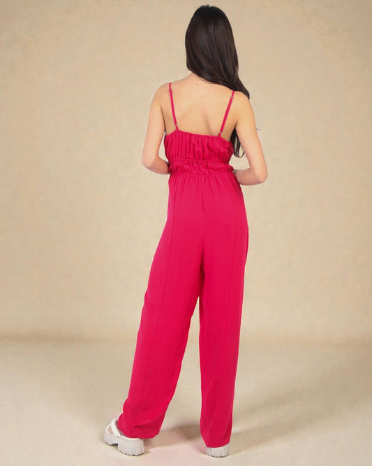 Combinaison tissée sans manches à détails plissés en rose vif