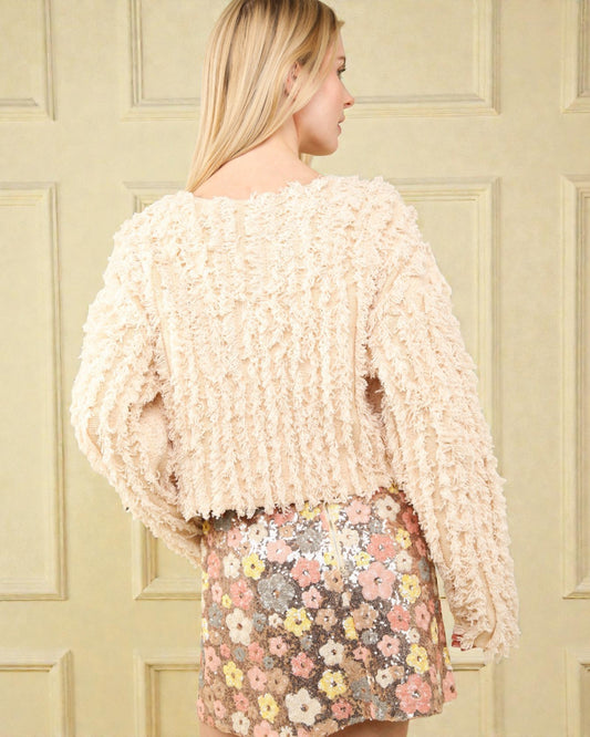 Cream Shag Knit Zip Cardigan