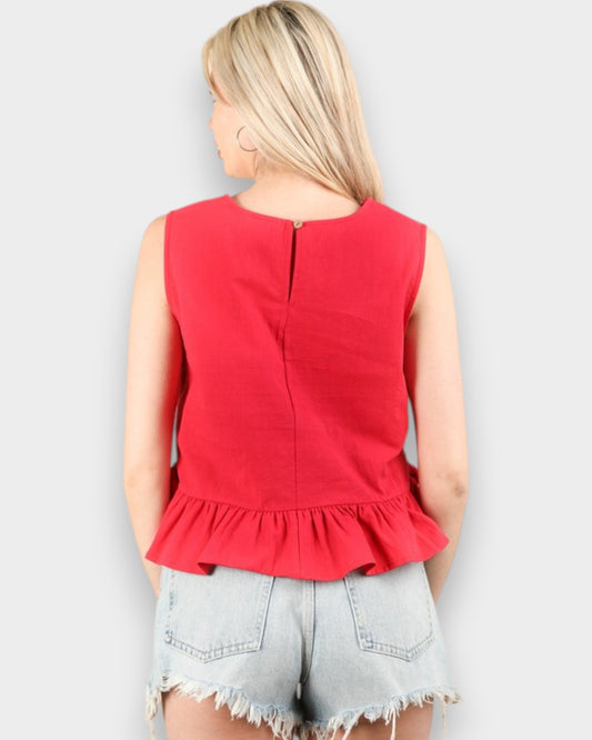 Cherry Red Side Tie Ruffle Hem Top