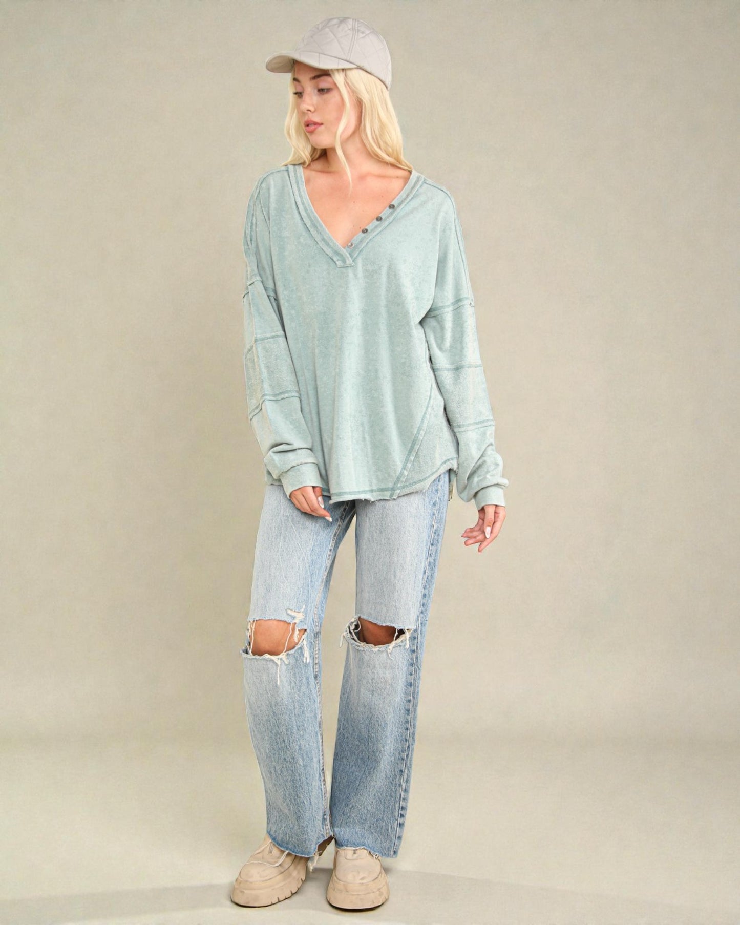 Seafoam Snap V-Neck Pullover