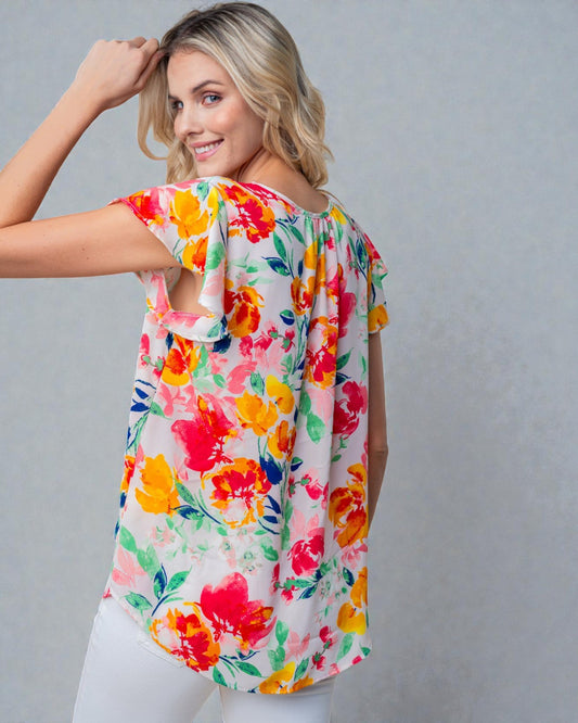 Watercolor Floral Flutter Sleeve Blouse