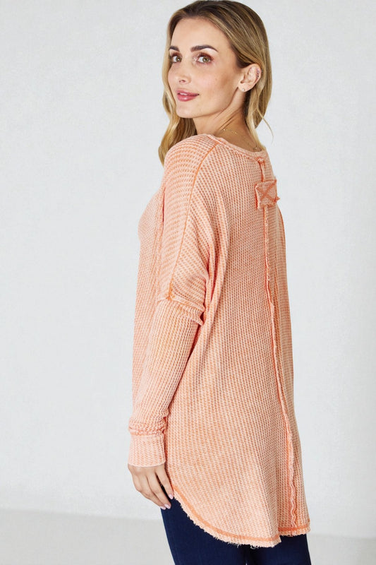 Peach Waffle Knit Raw Edge Top