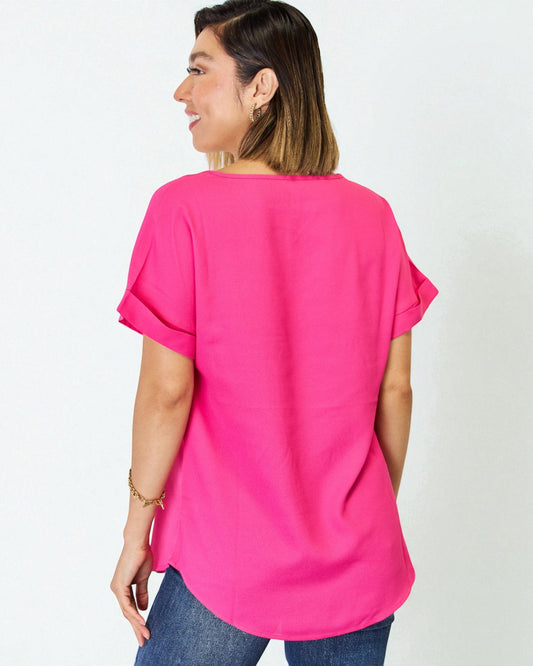Fuchsia Rolled Sleeve V-Neck Top