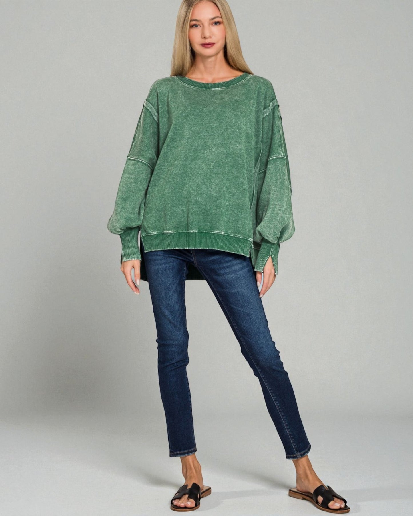 Sage Washed Oversized Split-Hem Sweatshirt