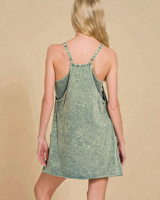 Sage Mineral Wash Pocket Mini Dress