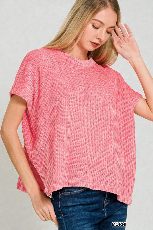 Pink Chenille Waffle Knit Short Sleeve Sweater
