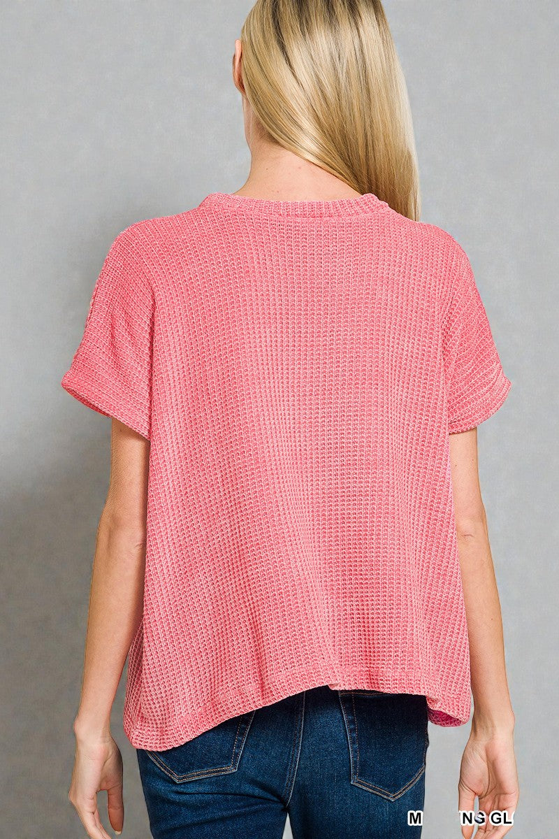 Pink Chenille Waffle Knit Short Sleeve Sweater