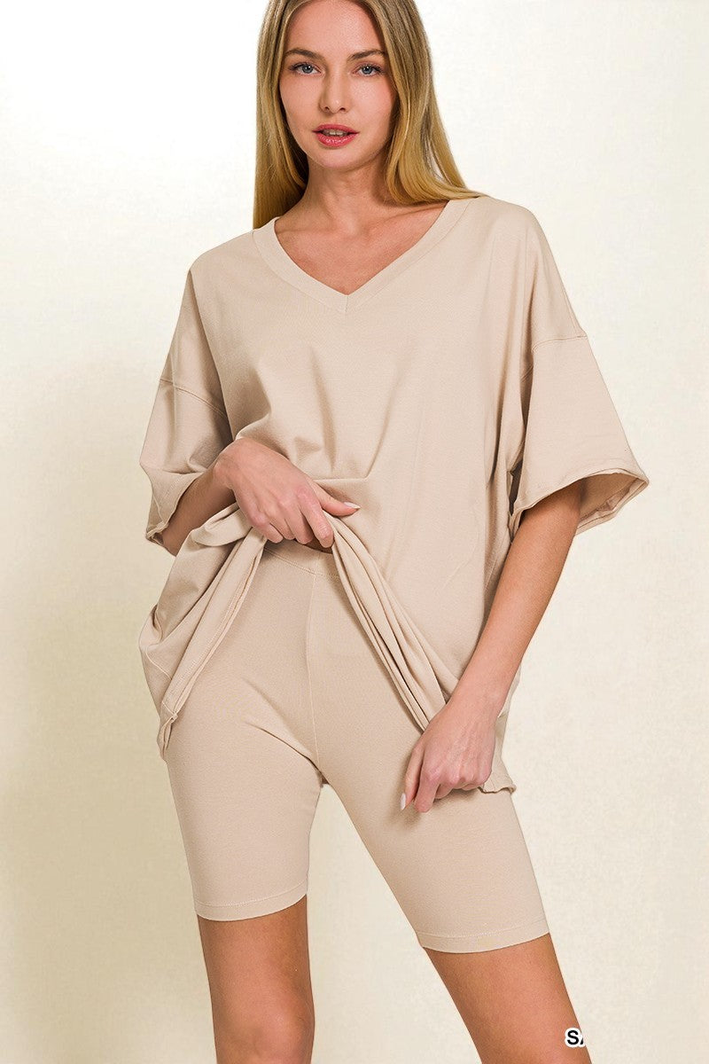 Sand Beige V-Neck Oversized Tee & Biker Shorts Set