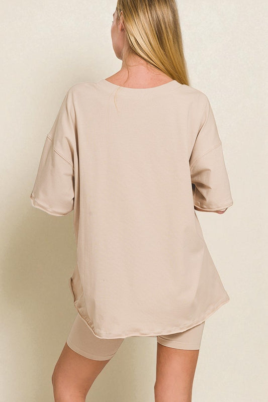 Sand Beige V-Neck Oversized Tee & Biker Shorts Set