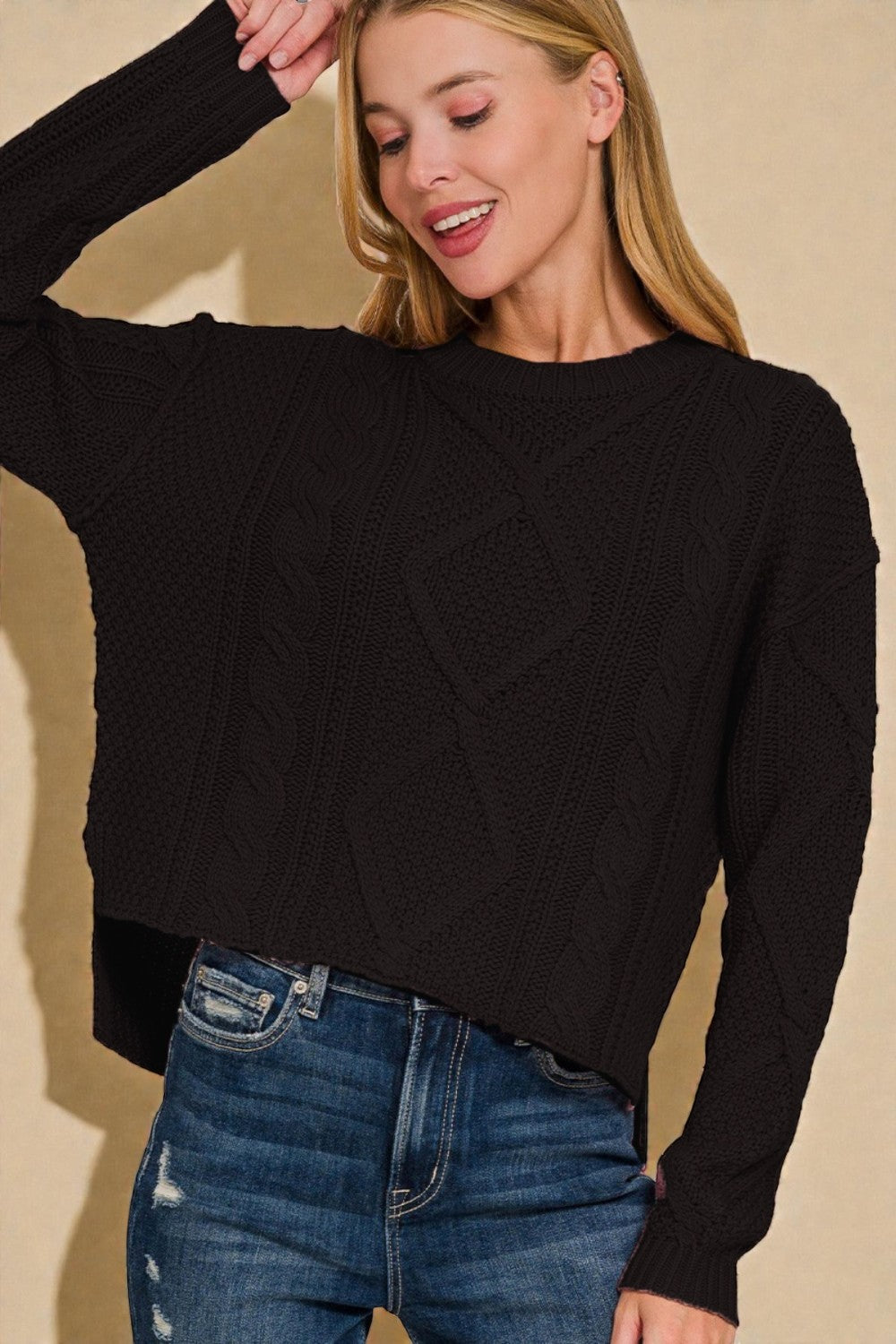 Black Cropped Cable Knit Sweater