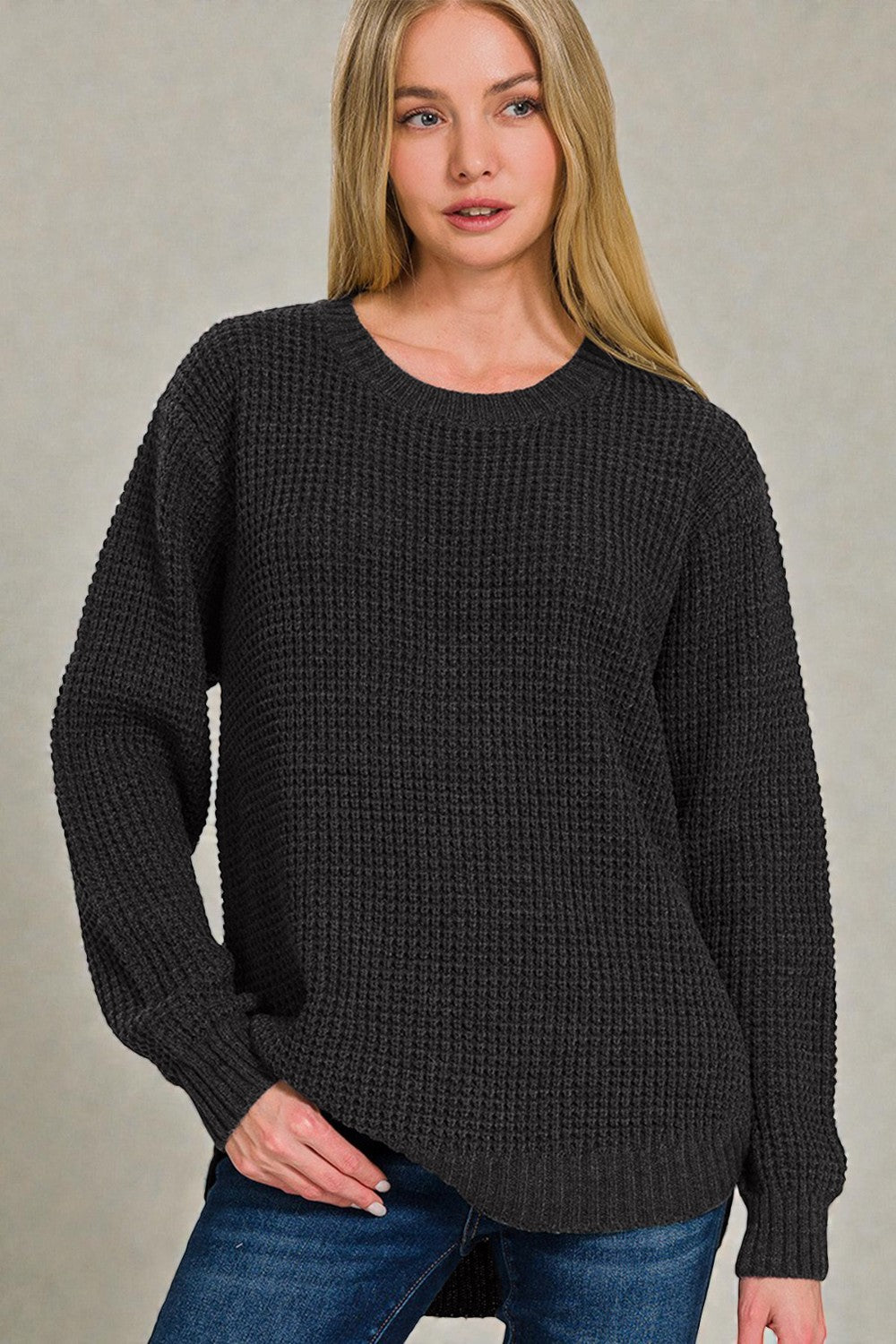 Pull en tricot gaufré à manches longues et col montant en noir