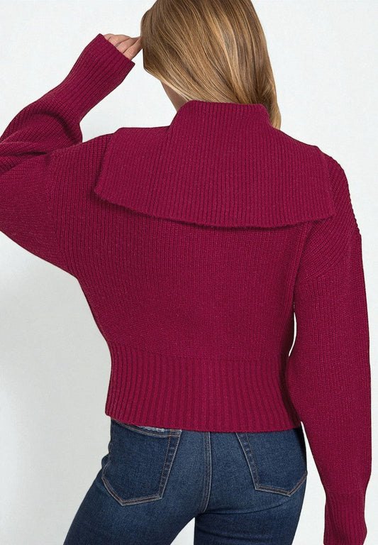 Person wearing a burgundy sweater with a white background